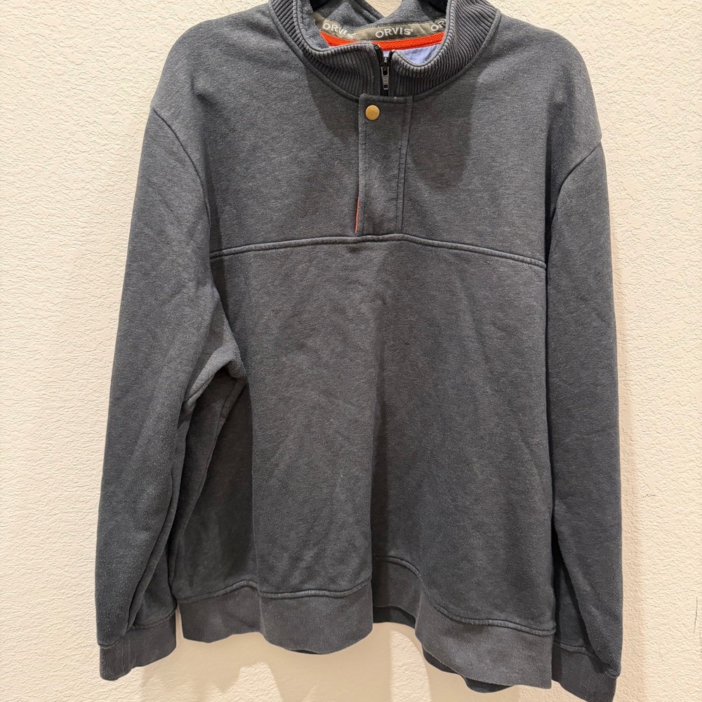 Orvis Mens XXL Quarter Zip Pullover Sweatshirt Charcoal Gray Snap Mock Neck